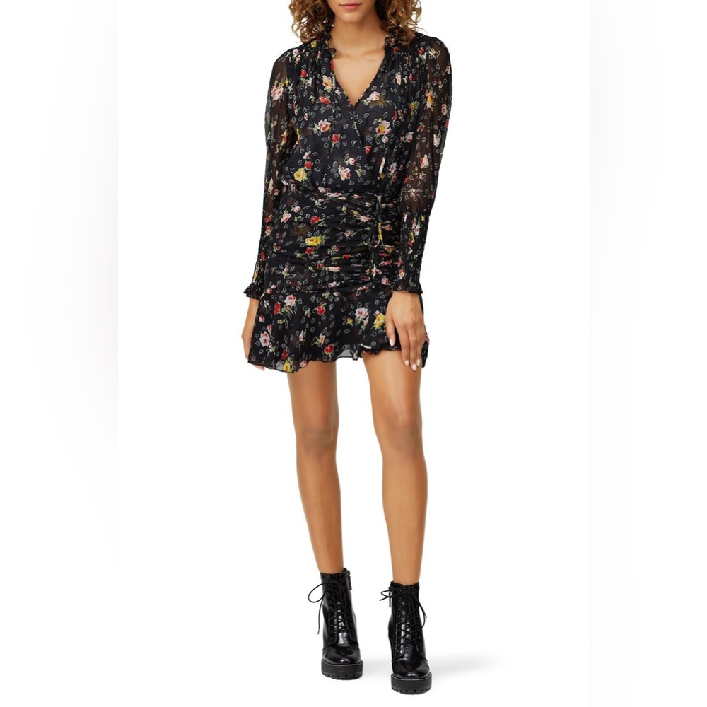 Floral Black Dress with Ruched Detail